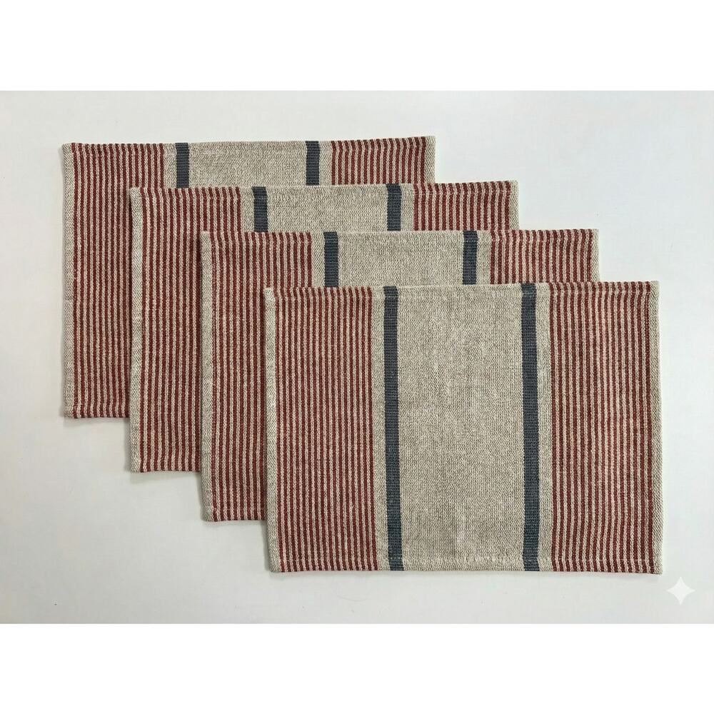 World Market Set of 4 Jute Placemats Red Beige Blue Stripe 13" x 19"